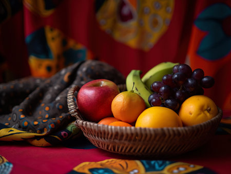 A basket of fruit sitting on top of a table. AI generative imageの素材