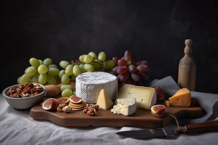 A wooden cutting board topped with cheese and grapes. AI generative imageの素材
