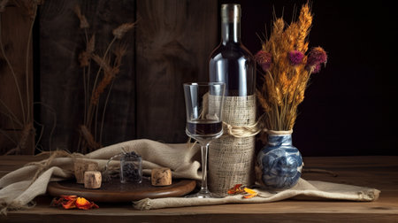 A table topped with a bottle of wine and a vase filled with flowers. AI generative imageの素材