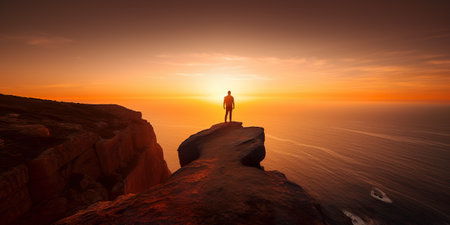 A person standing on a cliff overlooking the ocean. AI generative imageの素材