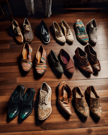 A bunch of different types of no-pair shoes on a wooden floor. AI generative imageの素材