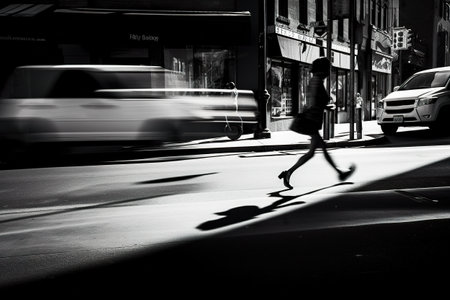 A black and white photo of a woman walking down the street. AI generative imageの素材