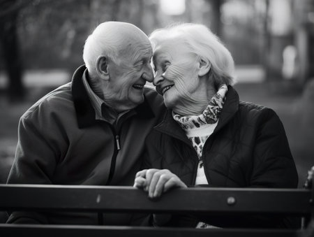 A couple of older people sitting on a bench. AI generative imageの素材