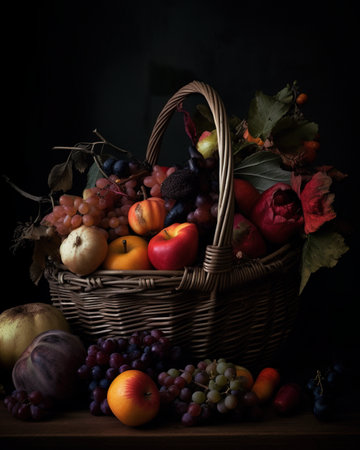 A basket filled with lots of different types of fruit. AI generative imageの素材