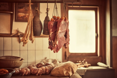 A bunch of meat hanging from hooks in a kitchen. AI generative imageの素材