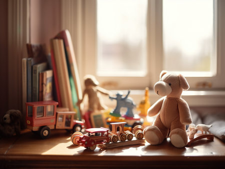 A teddy bear sitting on top of a wooden table. AI generative imageの素材