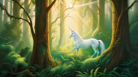 A painting of a white unicorn in a forest. AI generative imageの素材