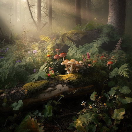 A group of mushrooms sitting on top of a moss covered log. AI generative imageの素材