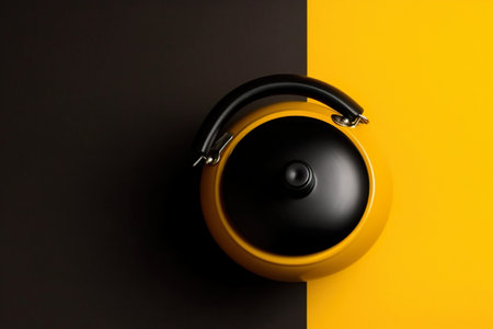 A black and yellow pot on a yellow and black background. AI generative image . A lot of copy space.の素材