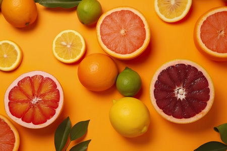 A group of citrus fruits on a yellow background. AI generative imageの素材