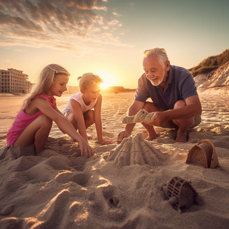 A man and two little girls playing in the sand. AI generative imageの素材