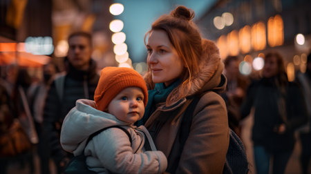 A woman holding a small child in her arms. AI generative imageの素材