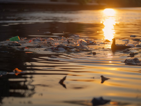 A bunch of trash floating on top of a body of water. AI generative imageの素材
