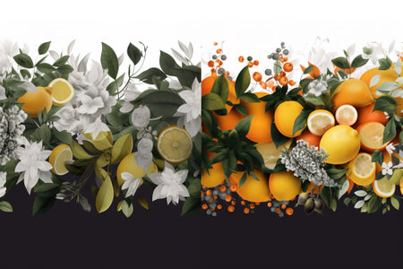 A group of oranges with leaves and flowers. AI generative imageの素材