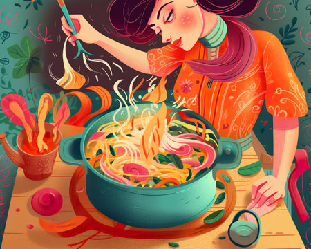 A painting of a woman stirring a pot of noodles. AI generative imageの素材