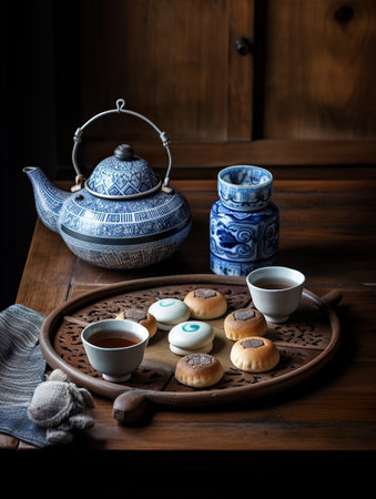 A tea tray with a tea pot, tea cups, and cookies on it. AI generative image . Korean still life.の素材