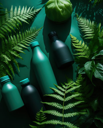 A group of green bottles sitting on top of a lush green field. AI generative imageの素材