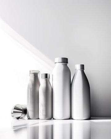 A group of bottles sitting next to each other on a table. AI generative imageの素材