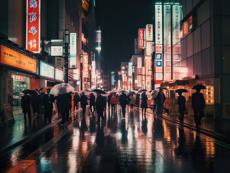 A group of people walking down a street holding umbrellas. AI generative imageの素材