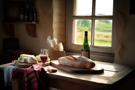 A table with a bottle of wine and bread on it. AI generative imageの素材