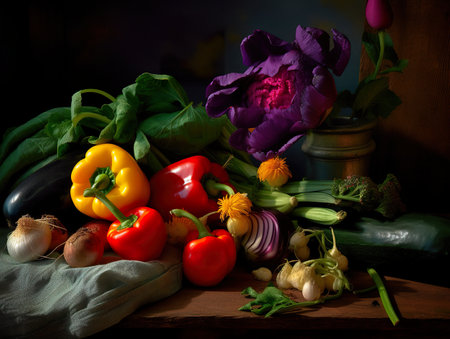 A table topped with lots of different types of vegetables. AI generative imageの素材