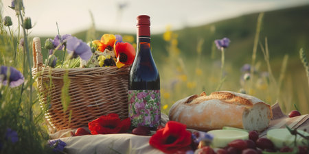 A bottle of wine, bread and flowers on a blanket. AI generative imageの素材