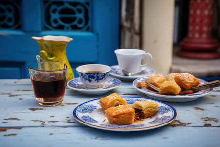 A table topped with plates of food and cups of coffee. AI generative image . Greek desserts.の素材