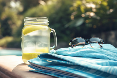 A jar of lemonade next to a pair of glasses. AI generative imageの素材