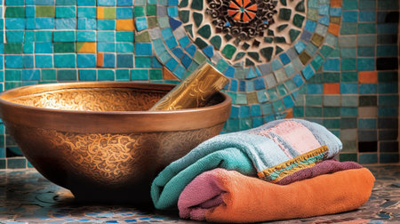 Towels and a bowl on a mosaic tile counter. AI generative image . Turkish hamam.の素材