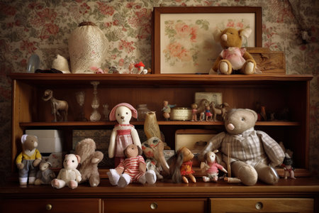 A group of stuffed animals sitting on top of a dresser. AI generative imageの素材