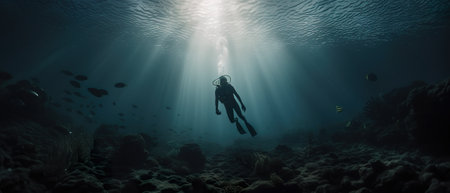 A person swimming in the ocean with a lot of fish. AI generative imageの素材