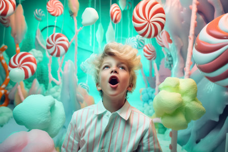 A young boy standing in front of candy land. AI generative imageの素材