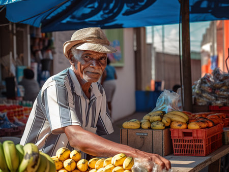 Street trading. A man standing in front of a fruit stand. AI generative imageの素材