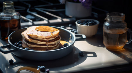 A pan filled with pancakes sitting on top of a stove. AI generative imageの素材