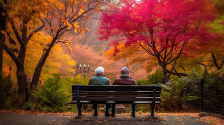 Two old people sitting on a bench in a park. AI generative imageの素材