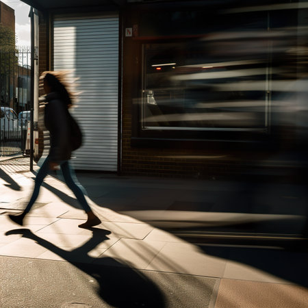 A blurry photo of a woman walking down the street. AI generative image . Motion blur.の素材