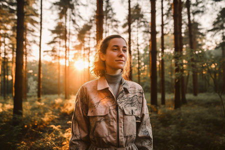 A woman standing in the middle of a forest. AI generative imageの素材
