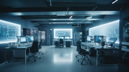 A room filled with lots of computers and desks. AI generative image.の素材