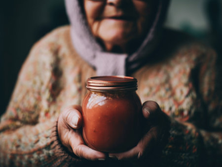 A woman holding a jar of food in her hands. AI generative image.の素材