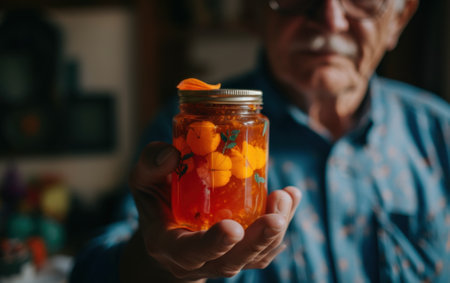 A man holding a jar full of gummy bears. AI generative image.の素材