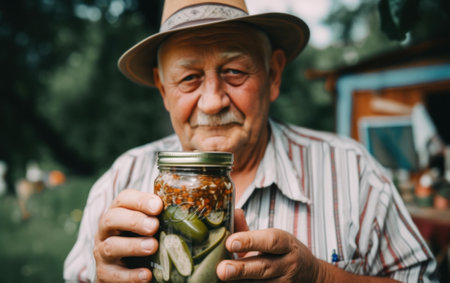 A senior man holding a jar of pickles in his hands. AI generative image.の素材