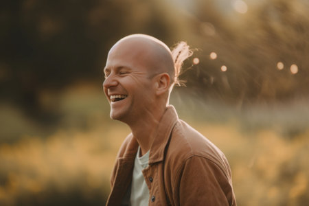 A man with a balding head smiling in a field. AI generative image.の素材