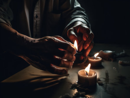 A person lighting a candle on a table. AI generative image.の素材