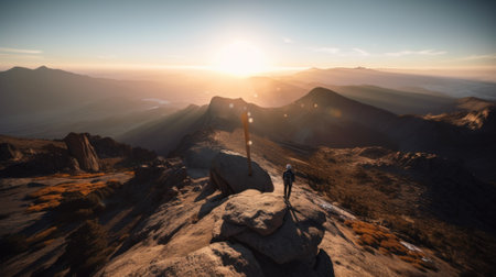 A person standing on top of a mountain. AI generative image.の素材