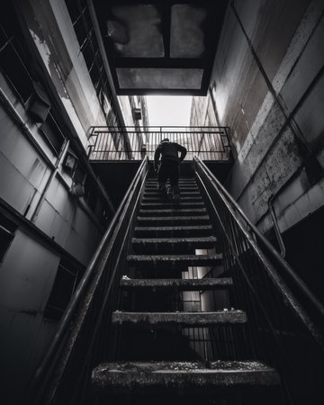 Bad dream, a person climbing up a set of long stairs. AI generative image.の素材
