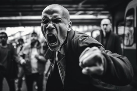 A black and white photo of aggressive man shouting. AI generative image.の素材