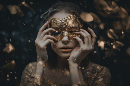 A woman with a gold glitter mask covering her face. AI generative image.の素材
