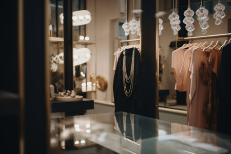 A luxury clothing store display with a variety of necklaces. AI generative image.の素材