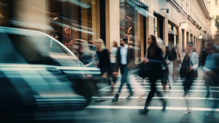 A motion blurry photo of people crossing a street. AI generative image.の素材