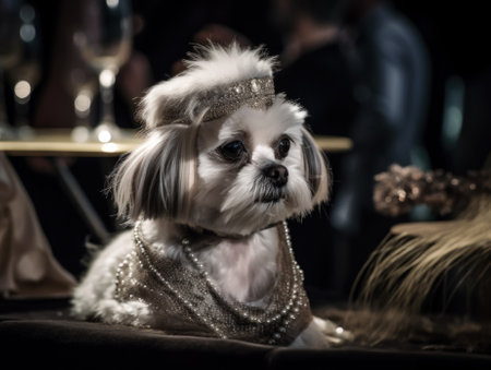 A small white dog wearing a fashionable silver dress. AI generative image.の素材